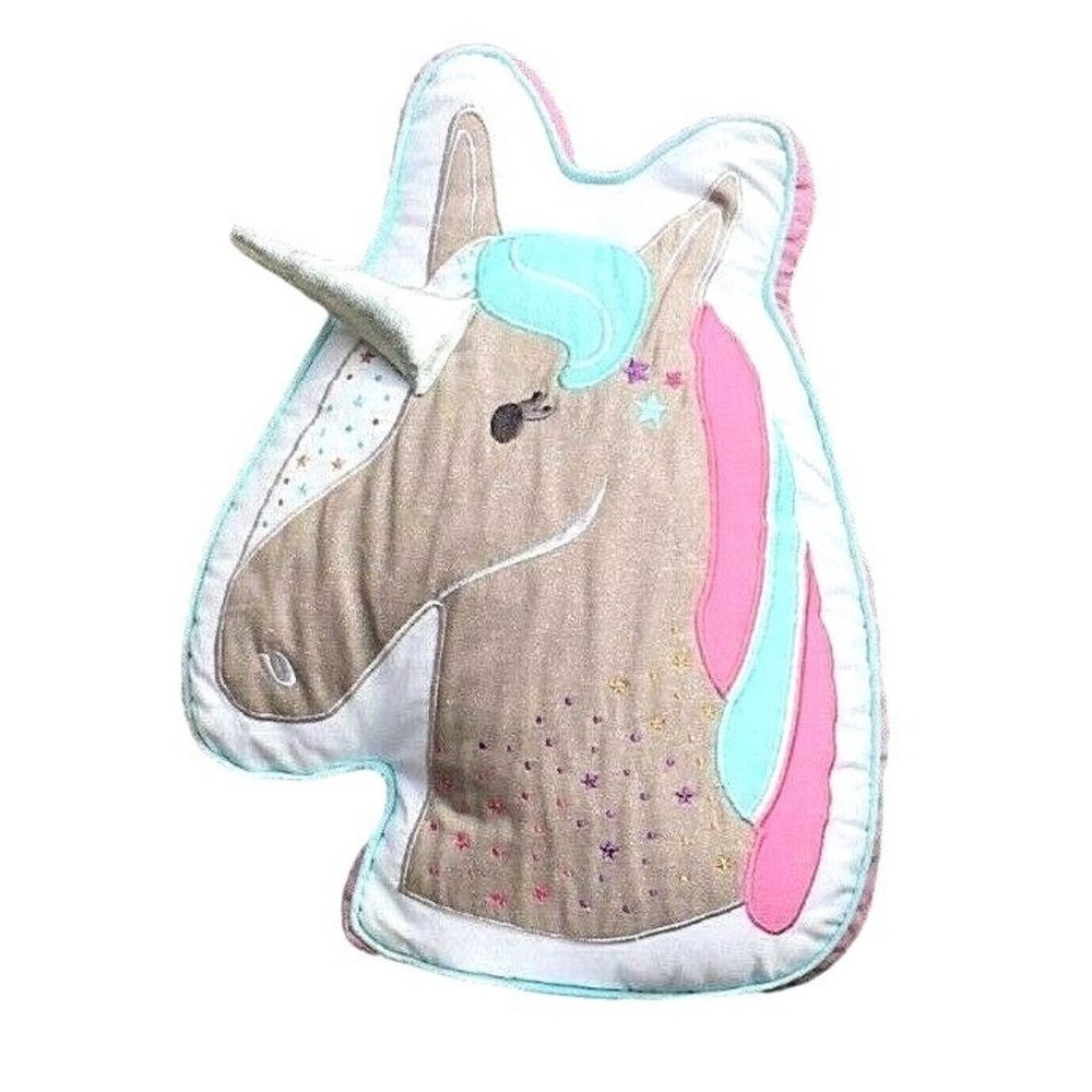 Nicole Miller Unicorn Head Throw Pillow Gray Green Pink White Silver
